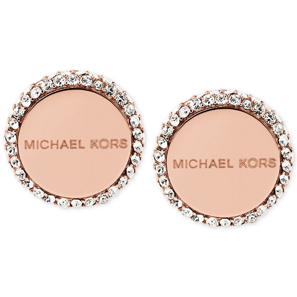 MICHAEL KORS Logo Studs Earrings Rose Gold Tone Crystal Pave